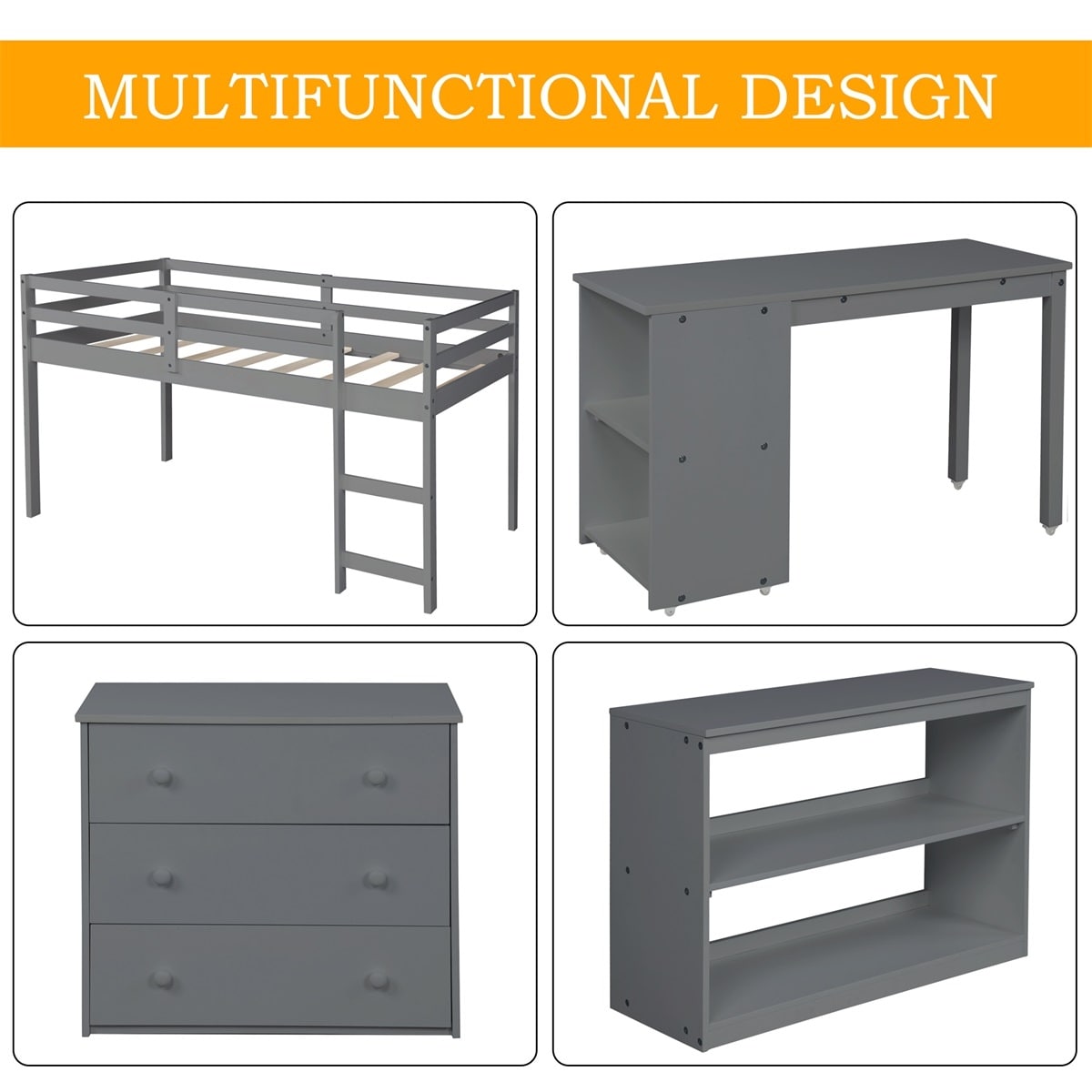 Harper & Bright Designs Wood Twin Low Study Loft Bed