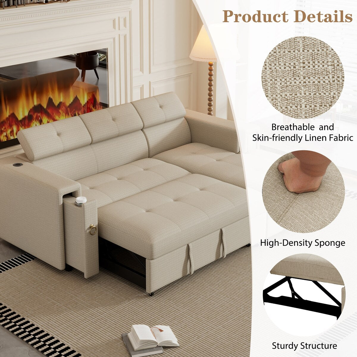 Harper&Bright Designs Multi-Functional Pull-Out Sofa Bed with Adjustable Headrest