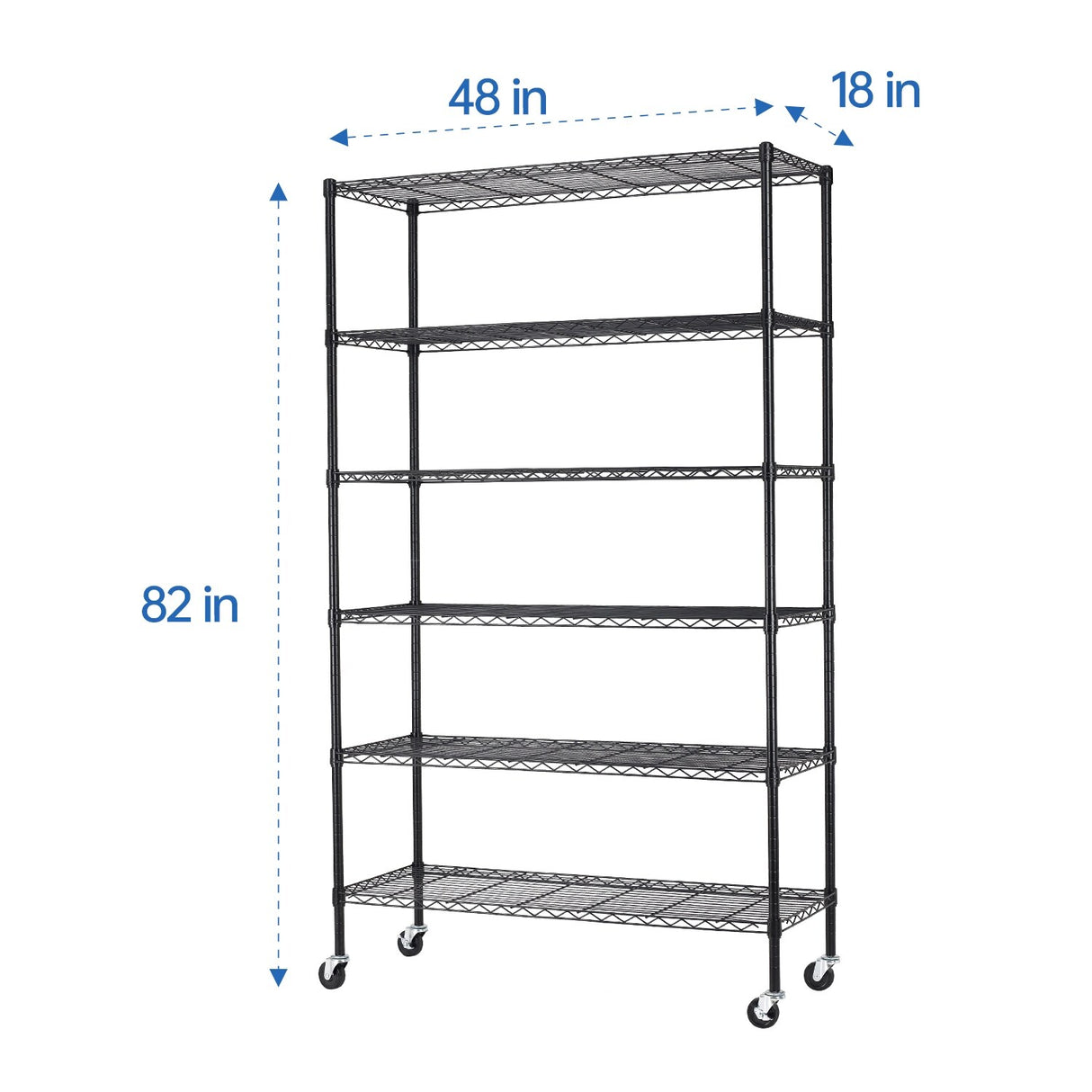 Furniture of America 6-Tier Heavy Duty Wire Shelving Rack, 48 x 18 x 82 NSF Certified, Includes Wheels, Black