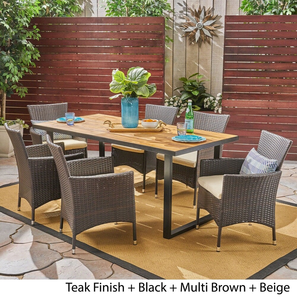 Hartland Outdoor 6-Seater Rectangular Acacia Wood and Wicker Dining Set by Christopher Knight Home