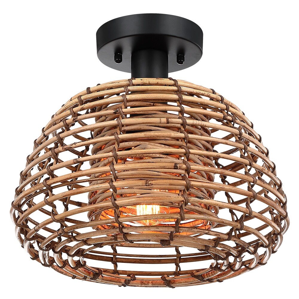 Harvest 12 in. 1-Light Natural Rattan Outdoor Semi-Flush Mount Ceiling Light - 12'' W