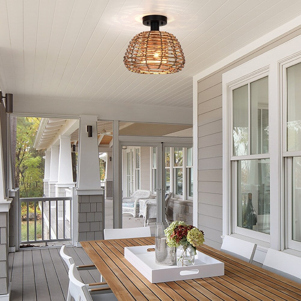 Harvest 12 in. 1-Light Natural Rattan Outdoor Semi-Flush Mount Ceiling Light - 12'' W