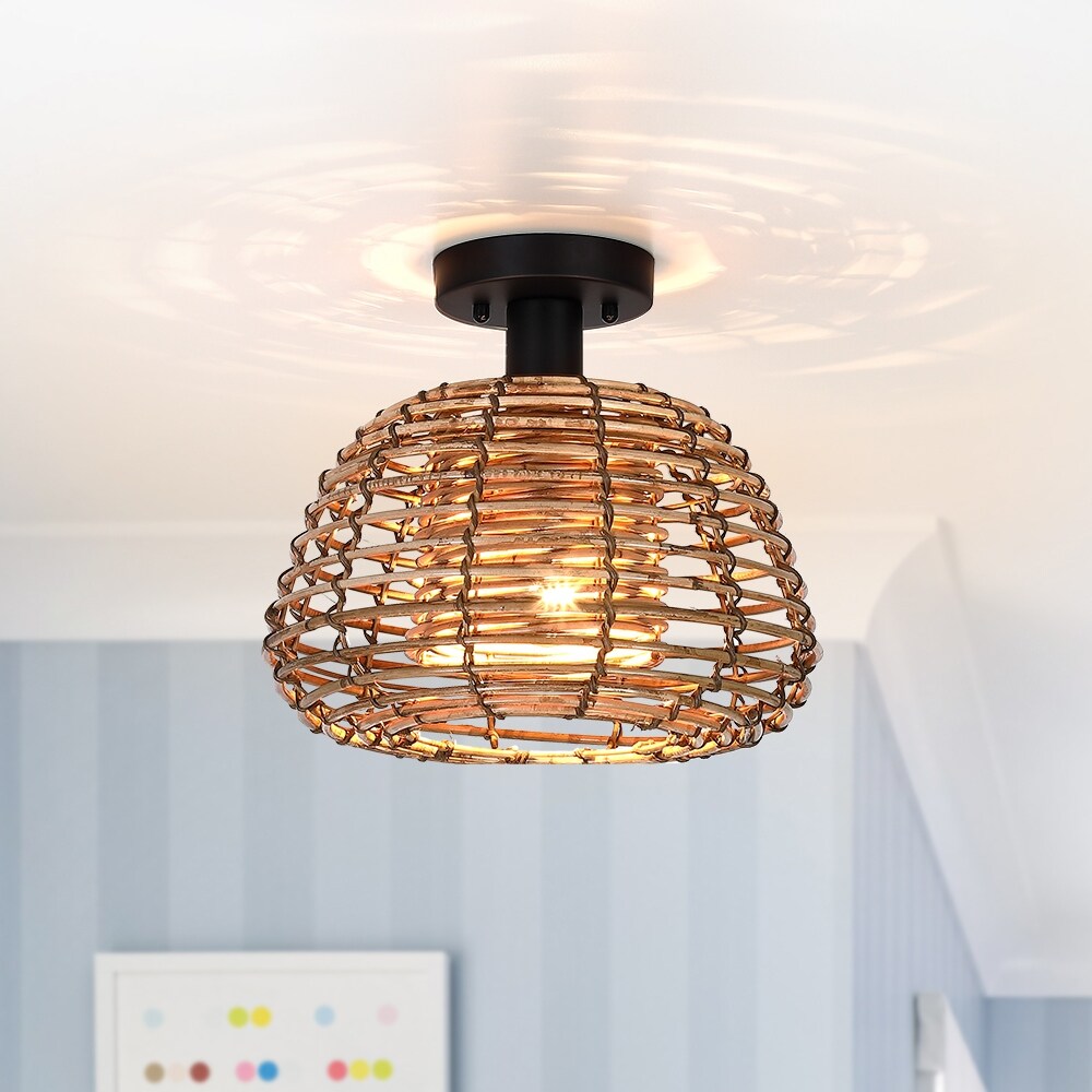 Harvest 12 in. 1-Light Natural Rattan Outdoor Semi-Flush Mount Ceiling Light - 12'' W