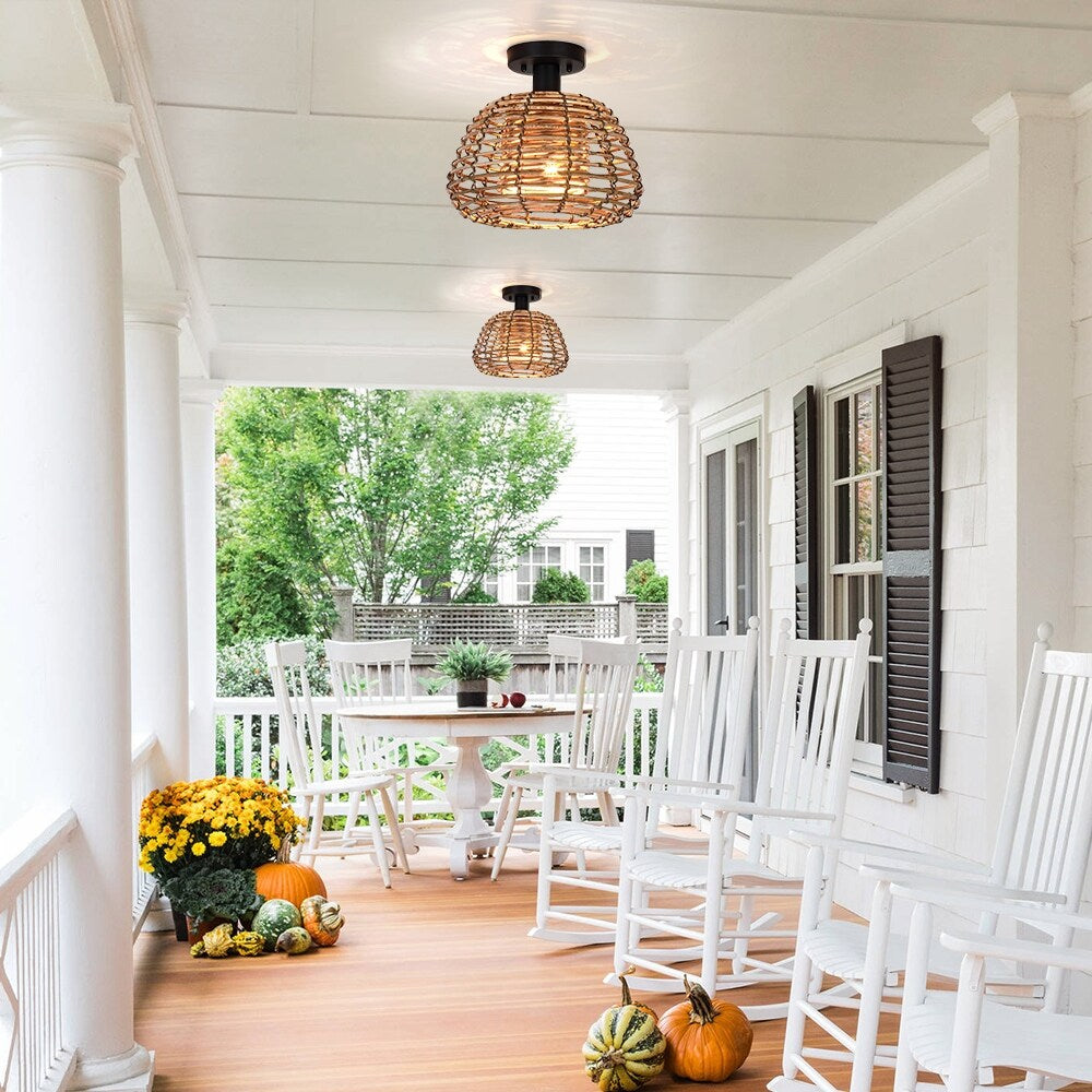 Harvest 12 in. 1-Light Natural Rattan Outdoor Semi-Flush Mount Ceiling Light - 12'' W