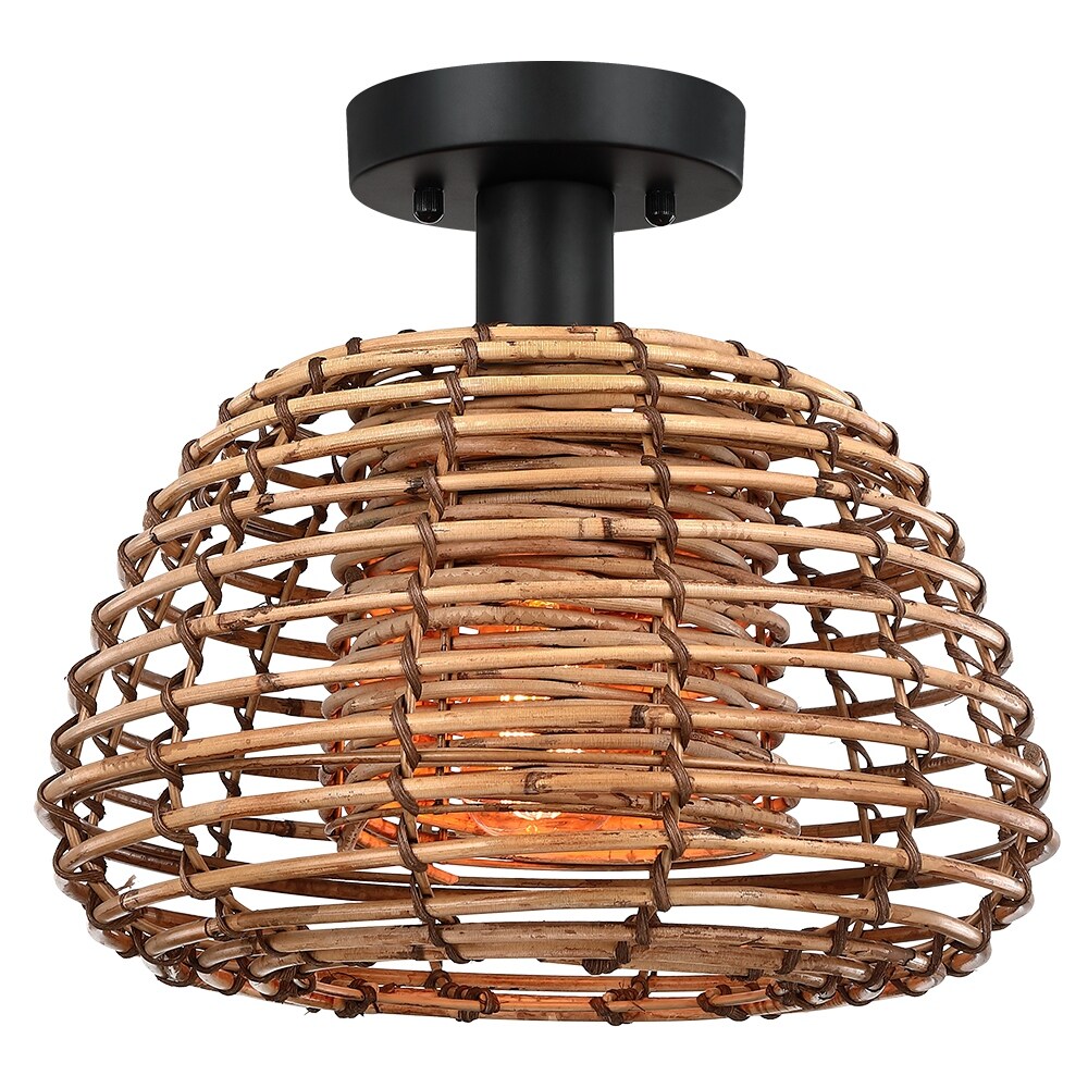 Harvest 12 in. 1-Light Natural Rattan Outdoor Semi-Flush Mount Ceiling Light - 12'' W