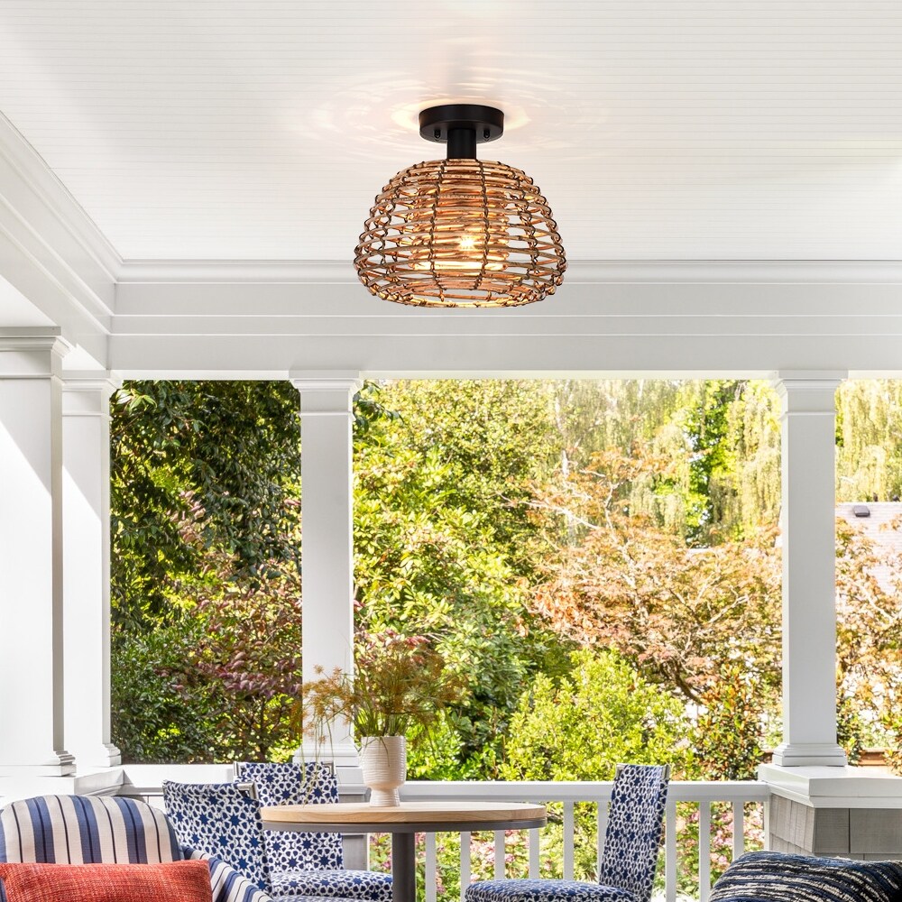 Harvest 12 in. 1-Light Natural Rattan Outdoor Semi-Flush Mount Ceiling Light - 12'' W