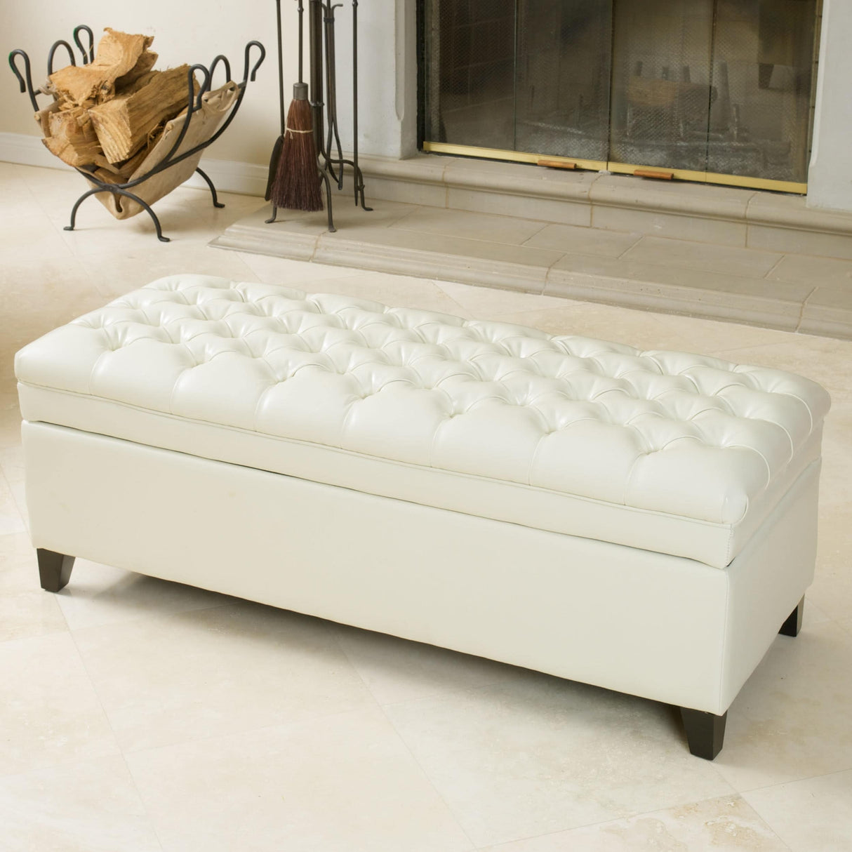 Hastings Tufted Ivory Leather Storage Ottoman by Christopher Knight Home