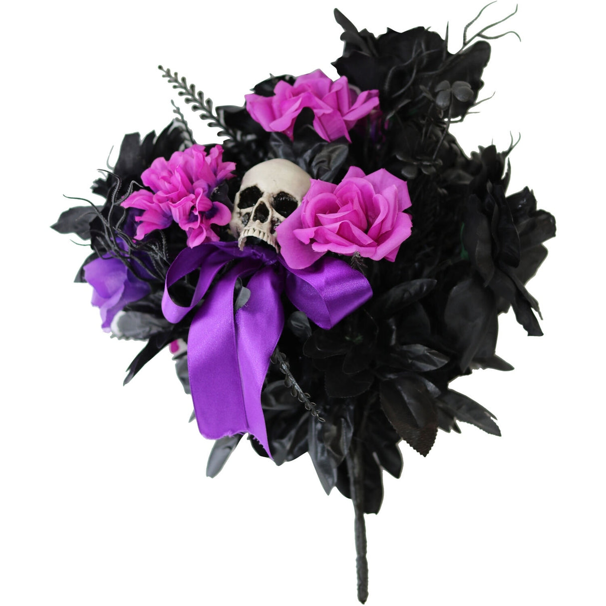 Haunted Hill Farm 1.25-ft Halloween Bouquet Decoration Piece with Black and Pink Flowers and Skull