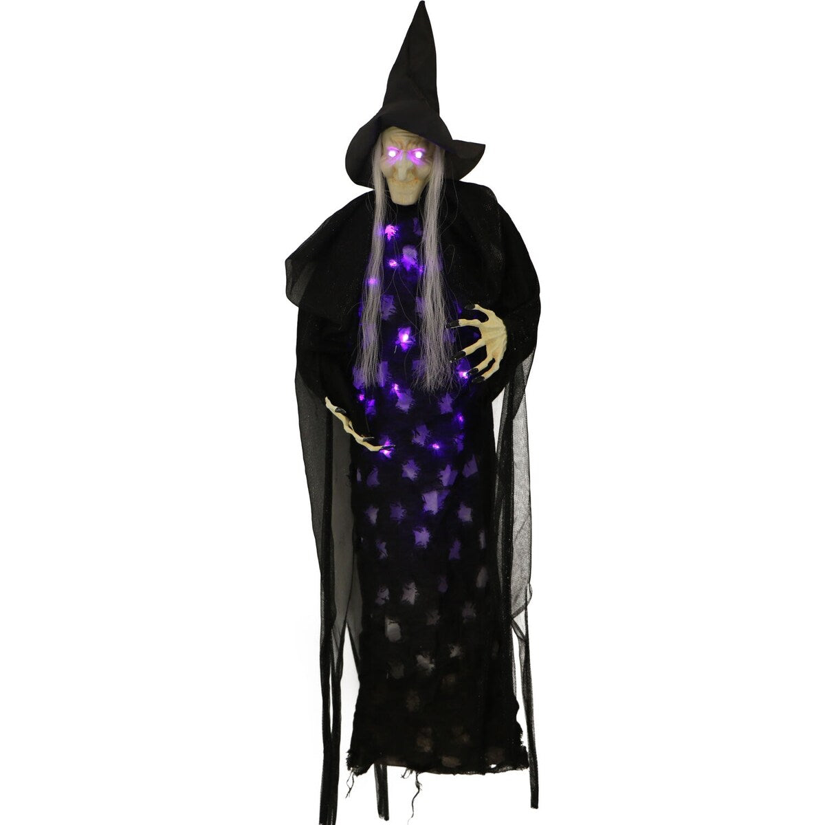 2.5-ft. Hanging Witch, Indoor/Covered Outdoor Halloween Decoration, LED Purple Eyes, Poseable, Autumn