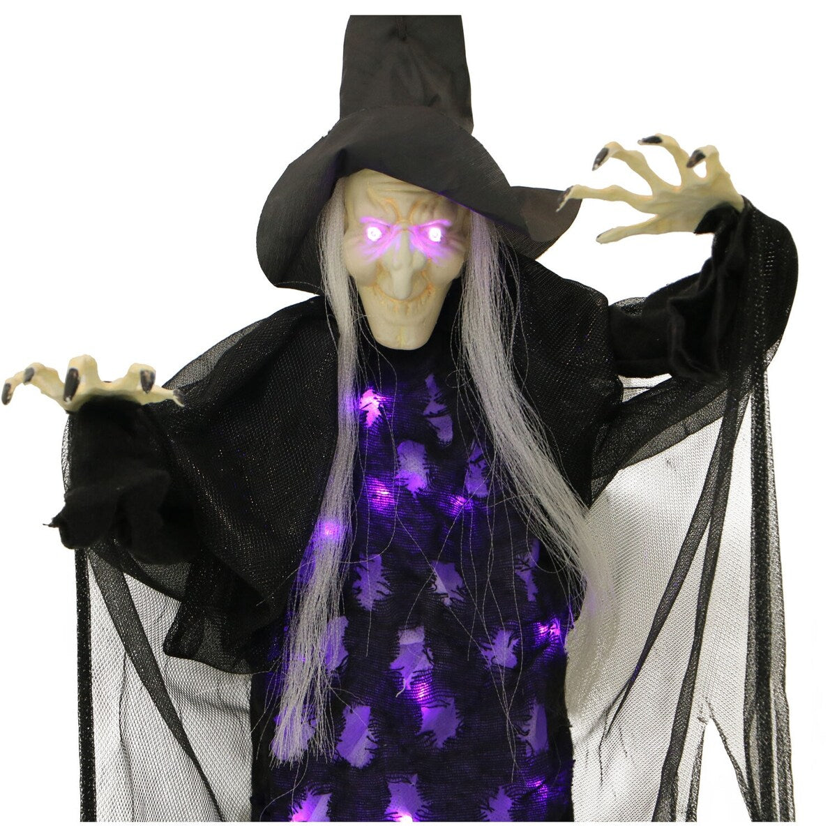 2.5-ft. Hanging Witch, Indoor/Covered Outdoor Halloween Decoration, LED Purple Eyes, Poseable, Autumn