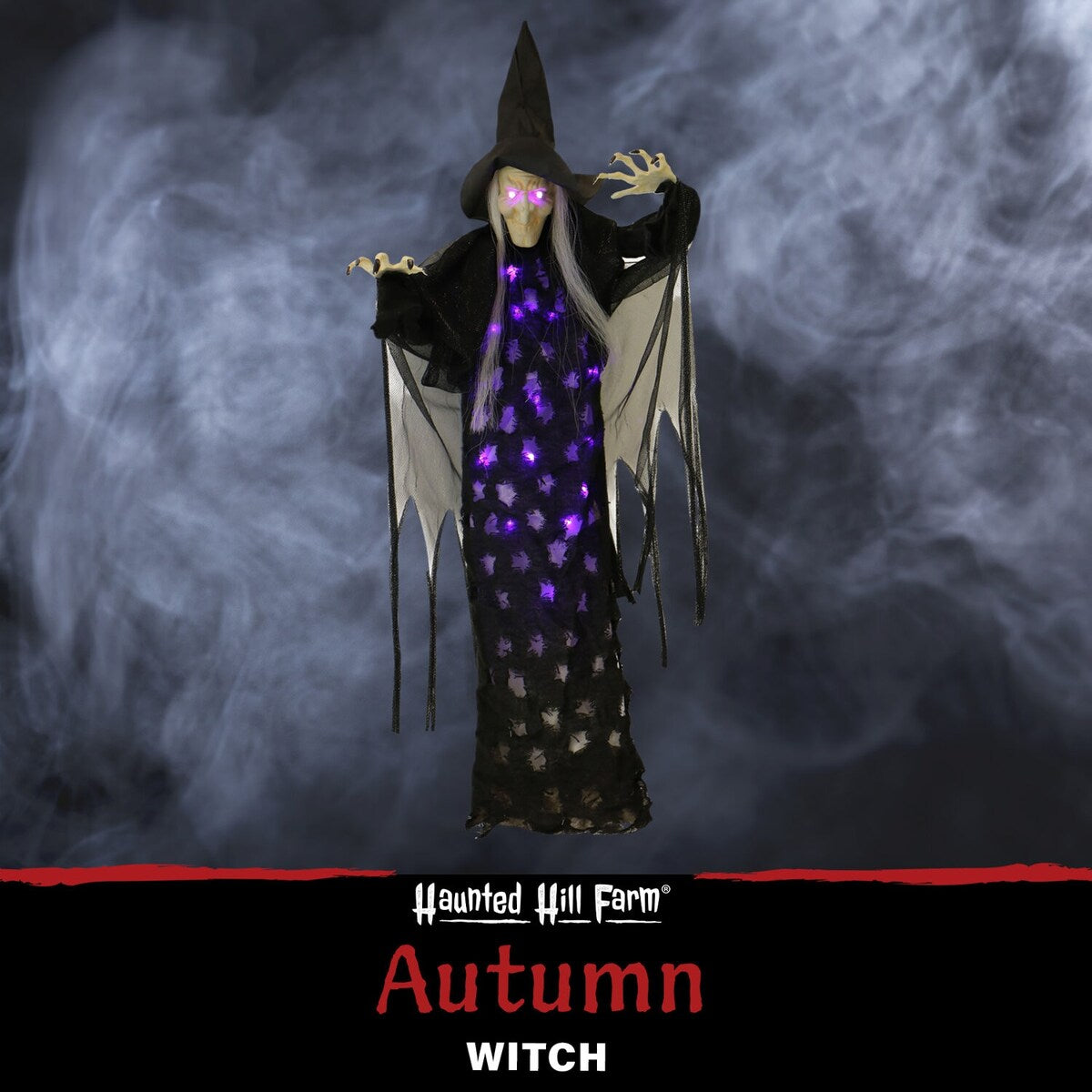 2.5-ft. Hanging Witch, Indoor/Covered Outdoor Halloween Decoration, LED Purple Eyes, Poseable, Autumn