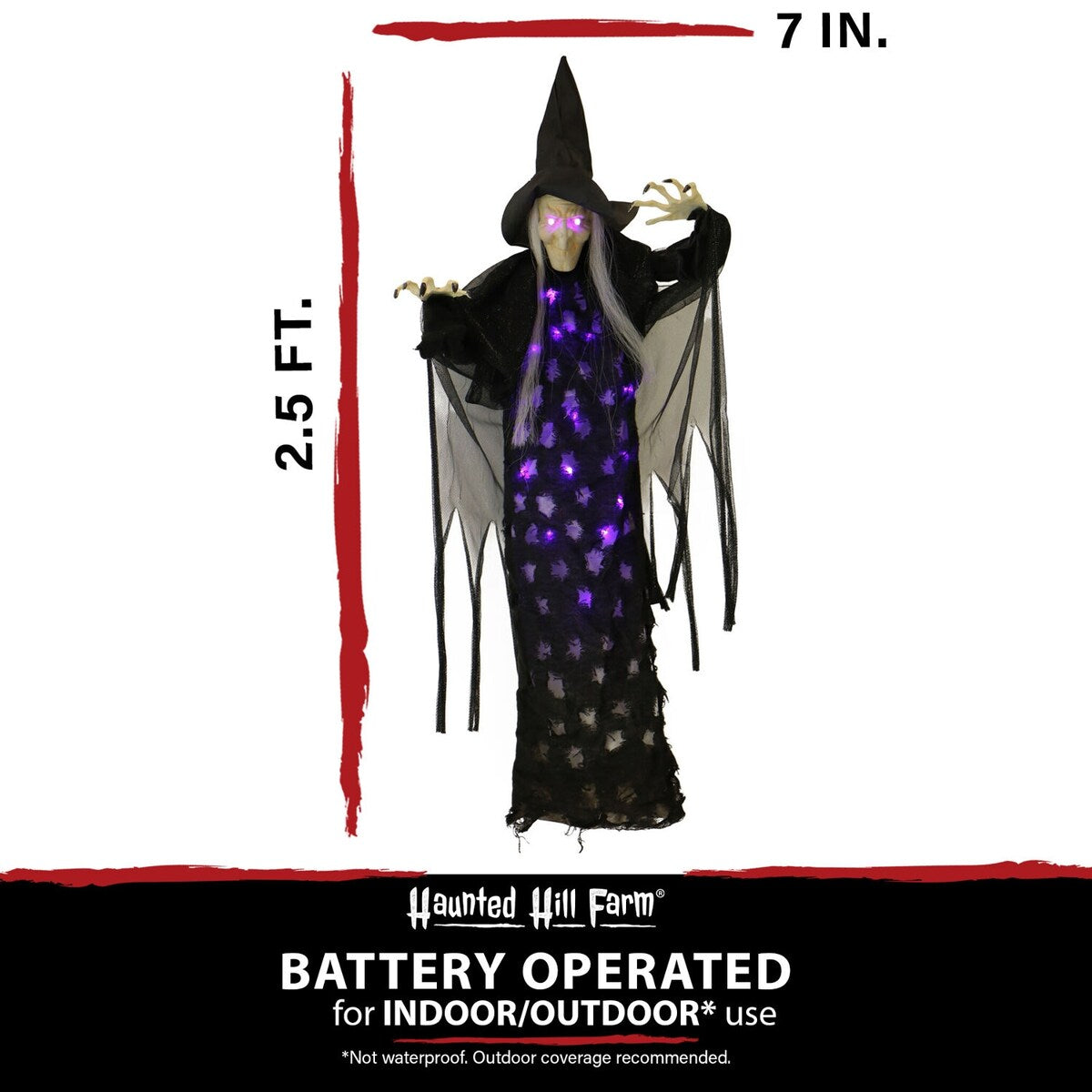 2.5-ft. Hanging Witch, Indoor/Covered Outdoor Halloween Decoration, LED Purple Eyes, Poseable, Autumn