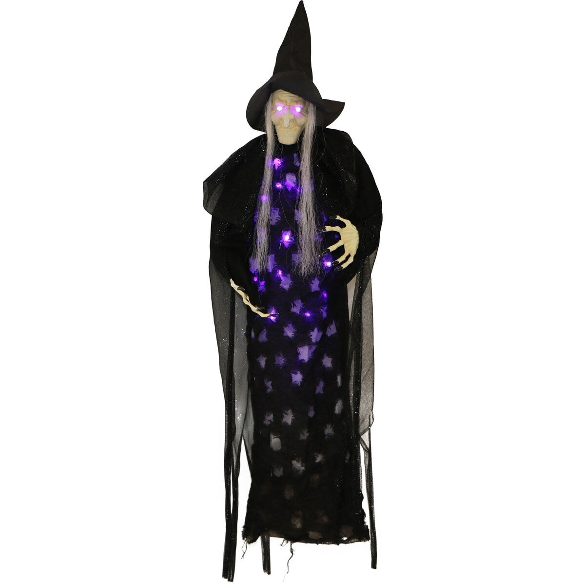 2.5-ft. Hanging Witch, Indoor/Covered Outdoor Halloween Decoration, LED Purple Eyes, Poseable, Autumn