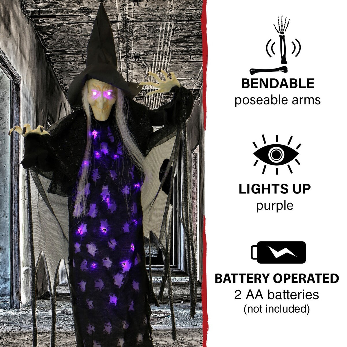 2.5-ft. Hanging Witch, Indoor/Covered Outdoor Halloween Decoration, LED Purple Eyes, Poseable, Autumn