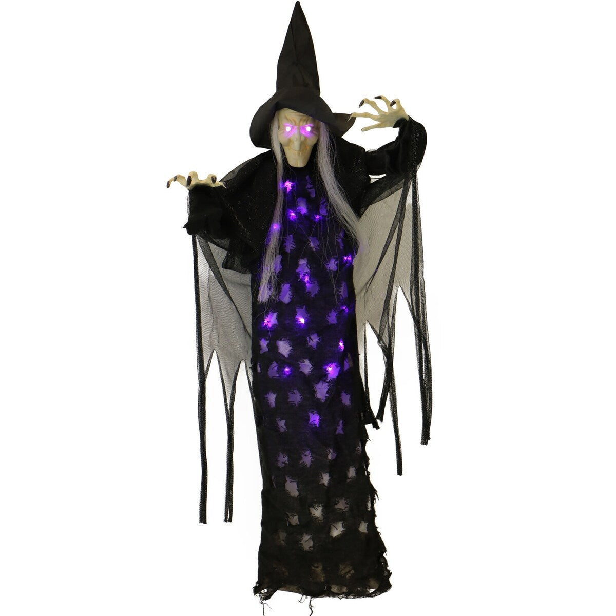 2.5-ft. Hanging Witch, Indoor/Covered Outdoor Halloween Decoration, LED Purple Eyes, Poseable, Autumn
