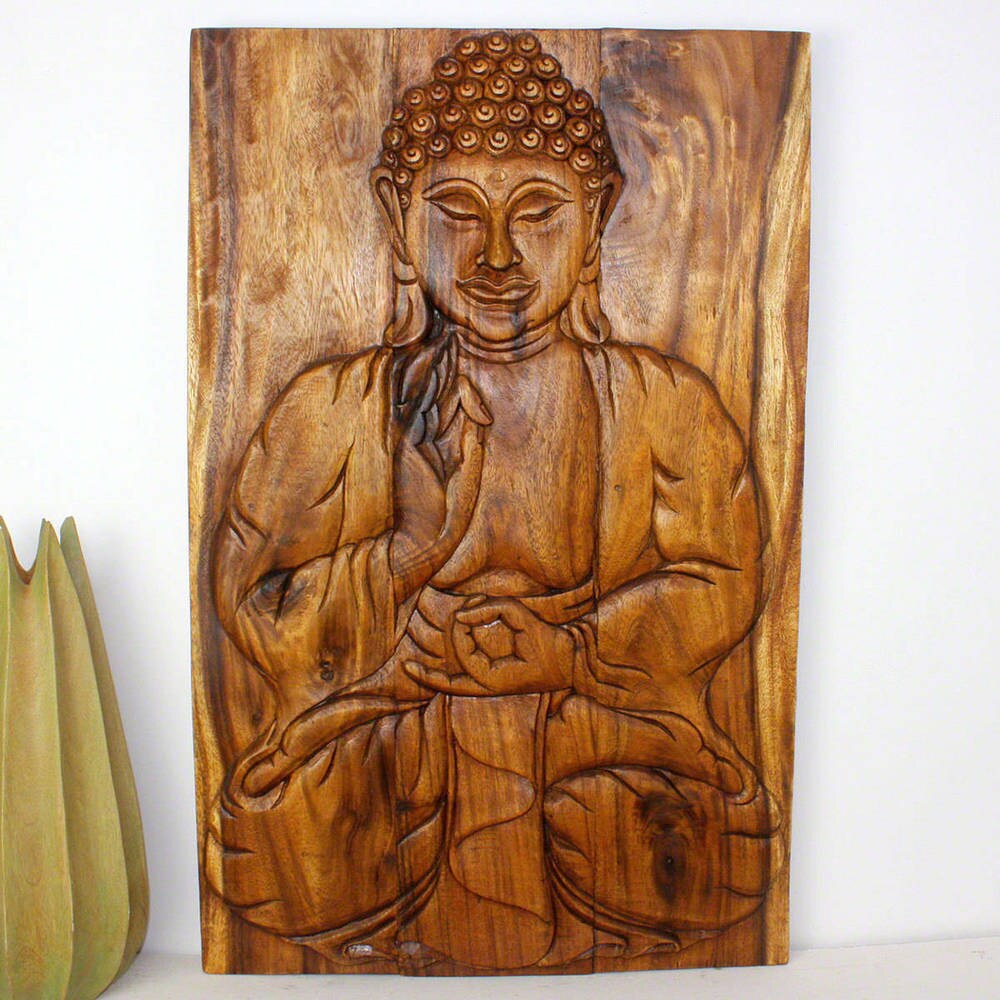 Haussmann Handmade Wood Buddha Wall Panel Sakyamuni Seated 24 in x 36 H Walnut Oil - 24 x 36 x 3