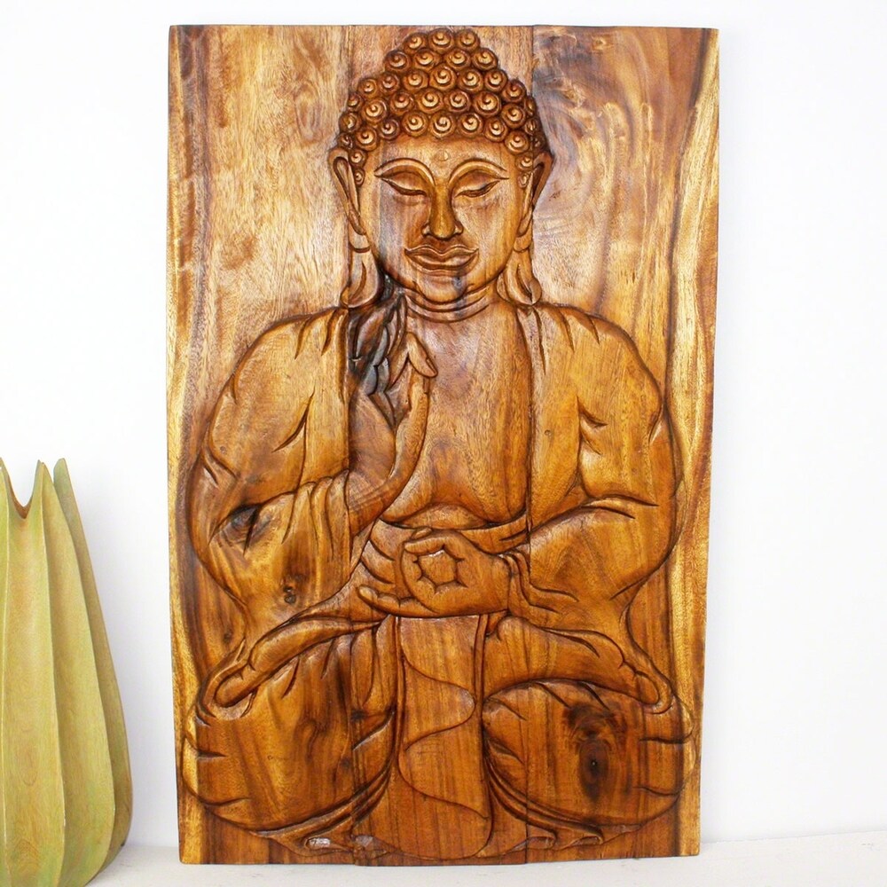 Haussmann Handmade Wood Buddha Wall Panel Sakyamuni Seated 24 in x 36 H Walnut Oil - 24 x 36 x 3