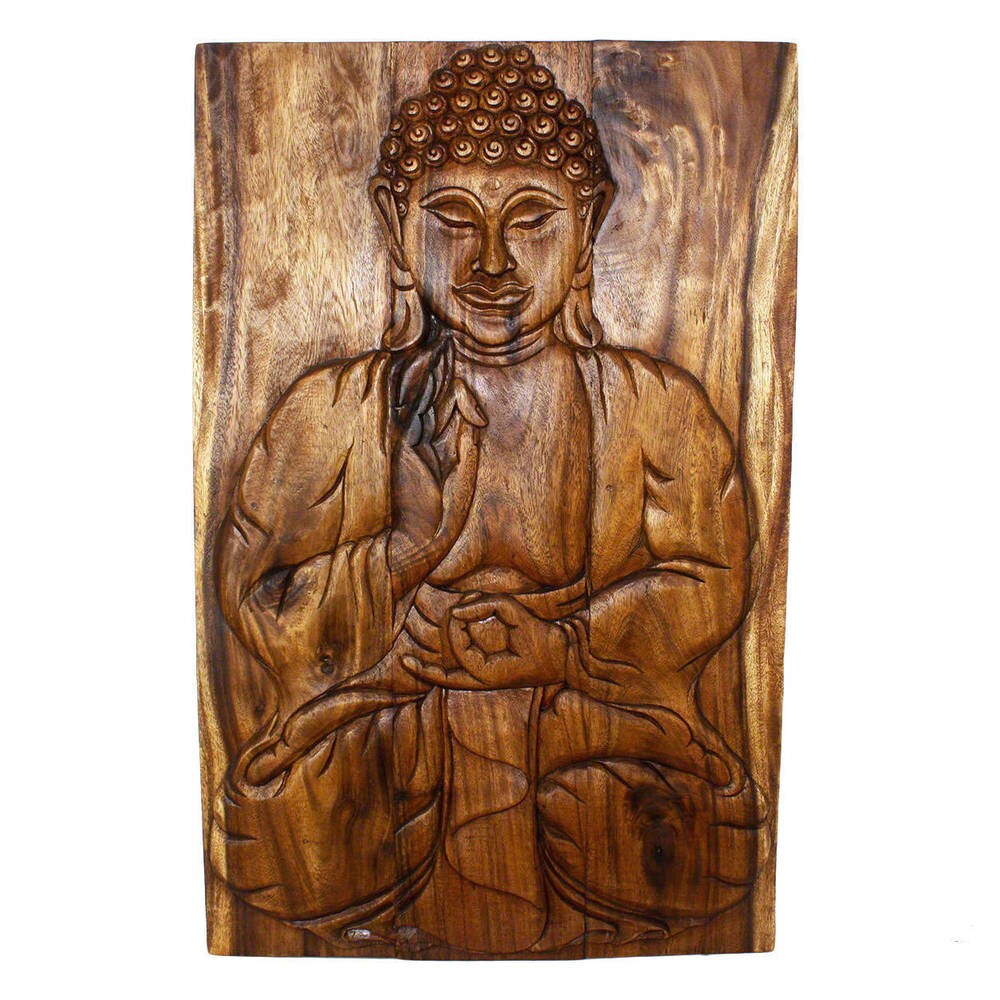 Haussmann Handmade Wood Buddha Wall Panel Sakyamuni Seated 24 in x 36 H Walnut Oil - 24 x 36 x 3