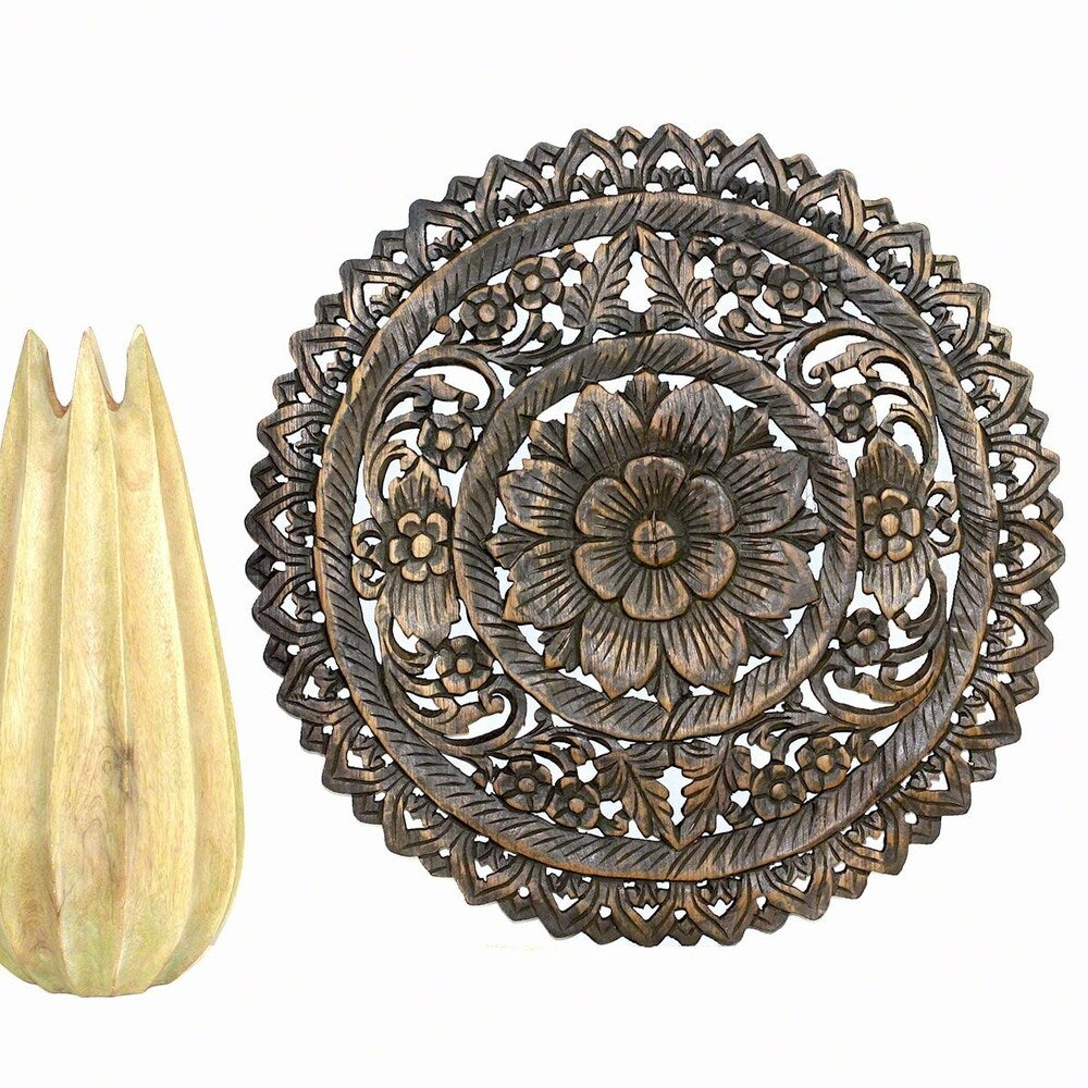 Haussmann® Teak Lotus Panel Inlay Round 60 cm H Black Stain Wax