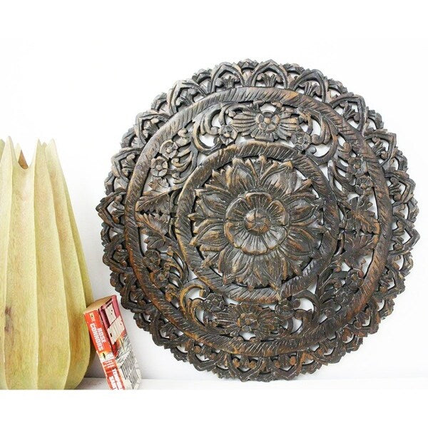 Haussmann® Teak Lotus Panel Inlay Round 60 cm H Black Stain Wax