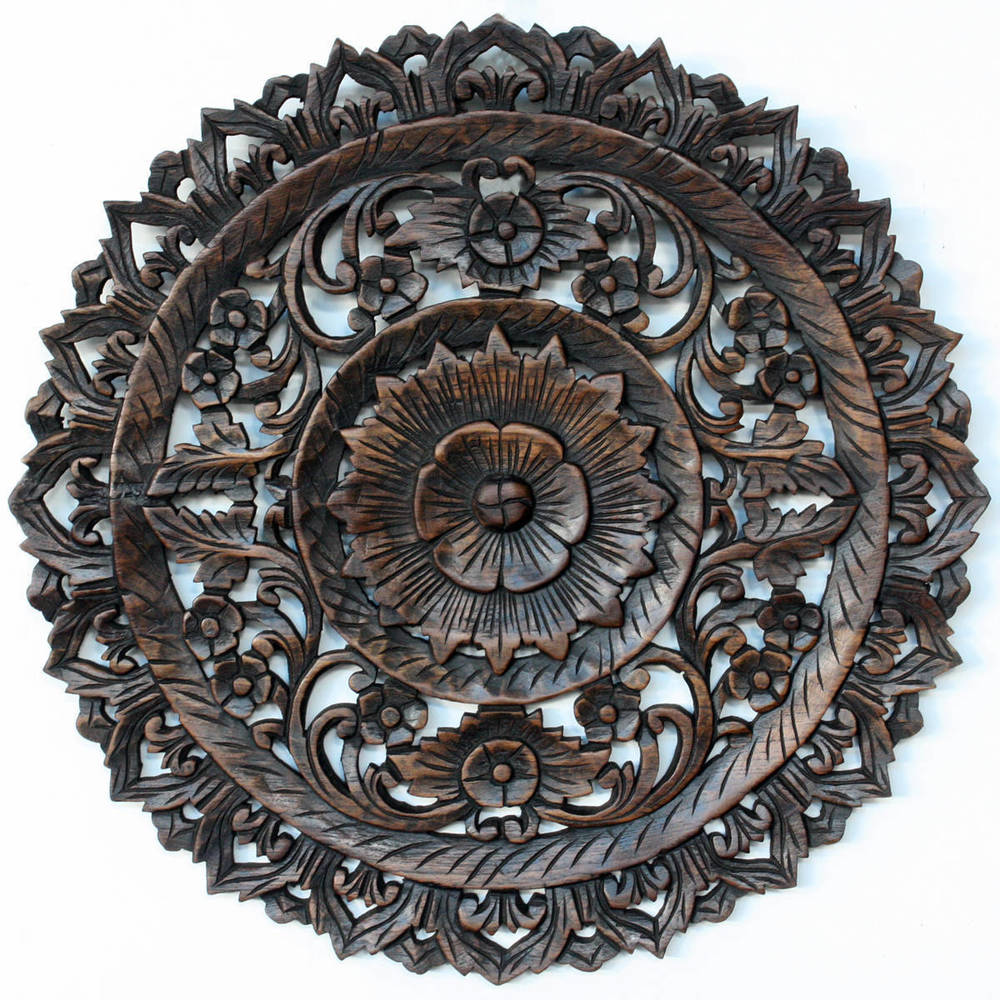 Haussmann® Teak Lotus Panel Inlay Round 60 cm H Black Stain Wax