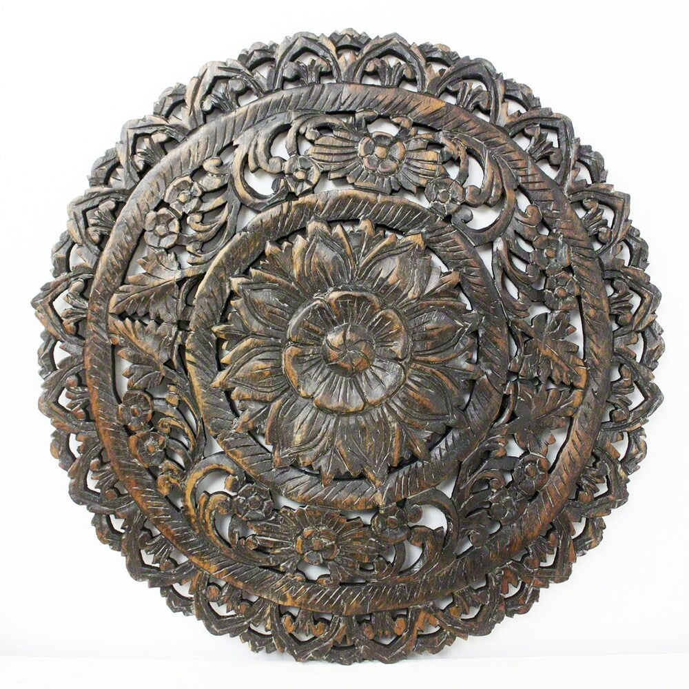 Haussmann® Teak Lotus Panel Inlay Round 60 cm H Black Stain Wax