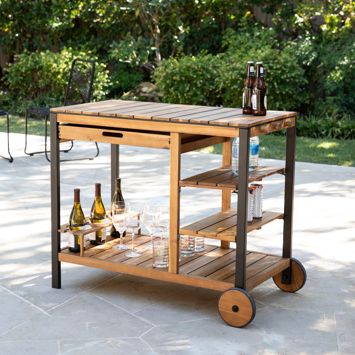 SEI Furniture Murston Natural Acacia Wood Outdoor Bar Cart with Storage and Bottle Holder