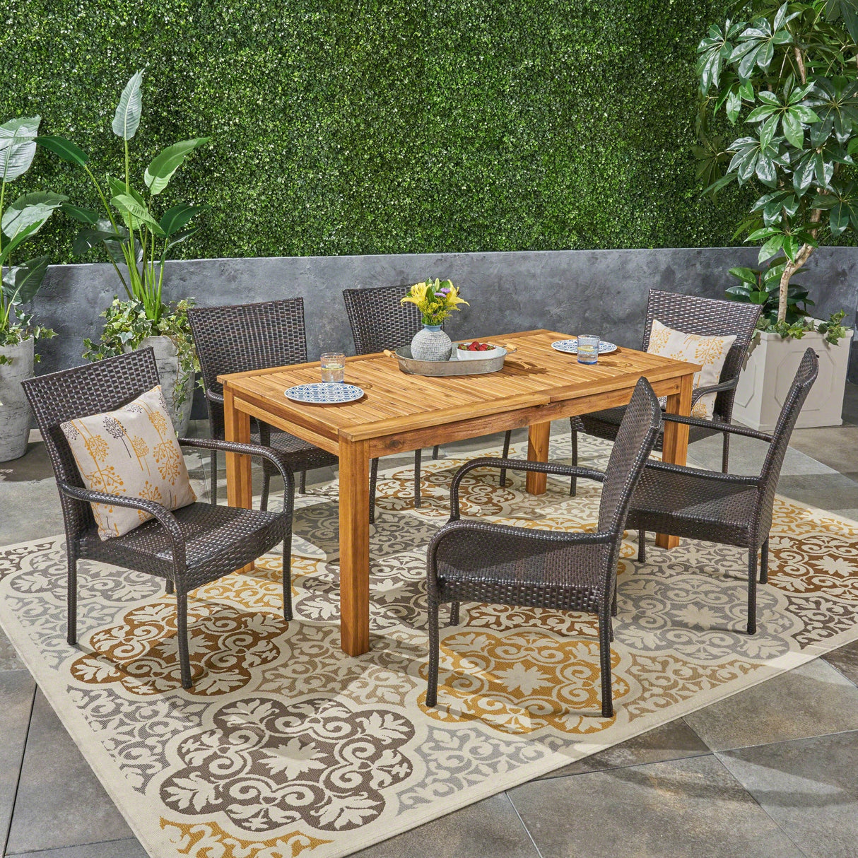 Haye Outdoor Acacia Wood and Wicker 7 Piece Expandable Dining Set by Christopher Knight Home