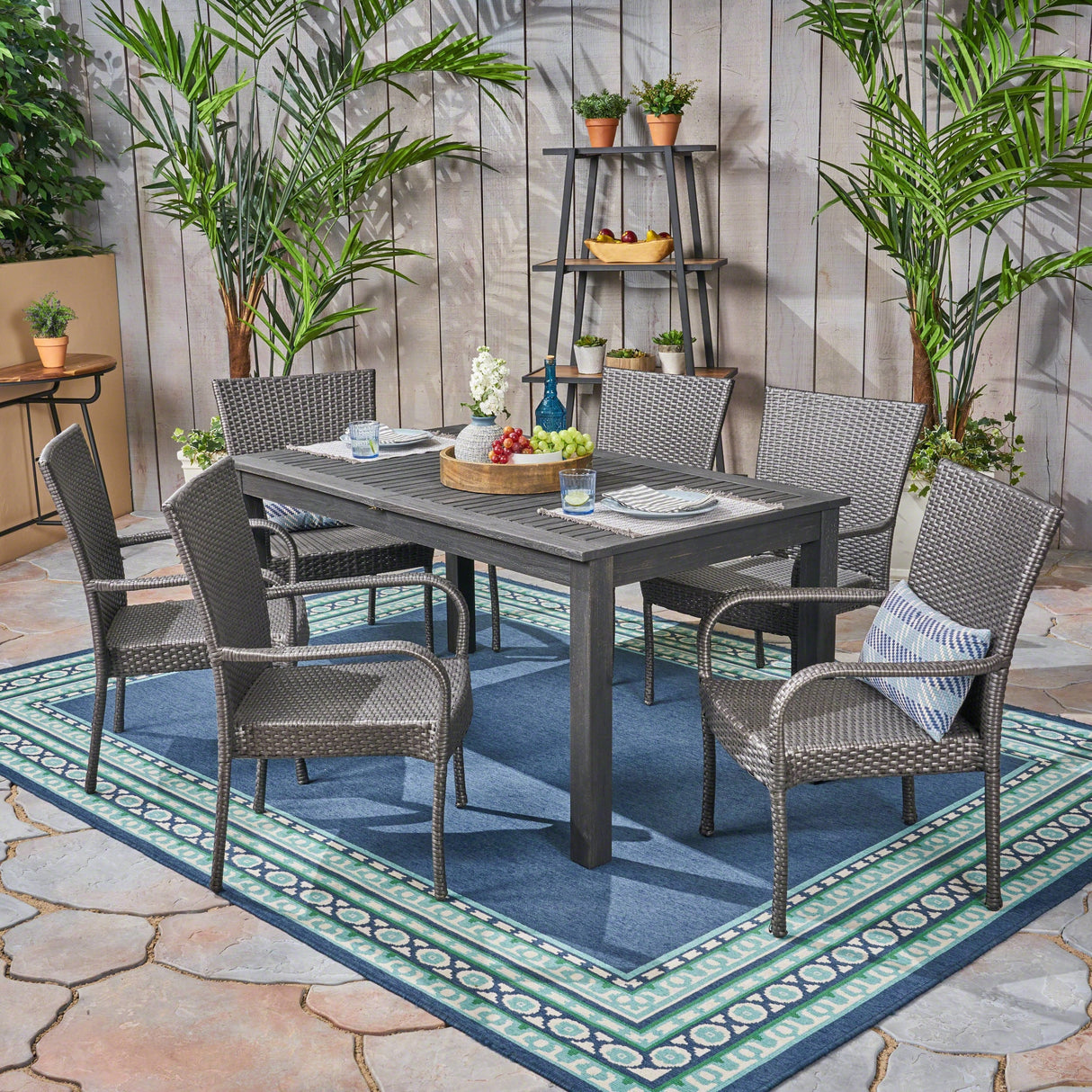 Haye Outdoor Acacia Wood and Wicker 7 Piece Expandable Dining Set by Christopher Knight Home