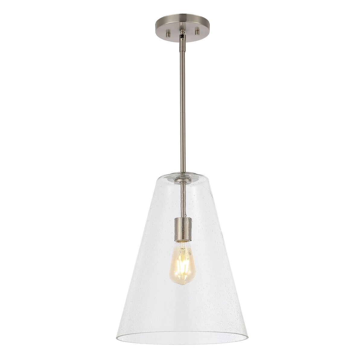 Hayes 11.5" 1-Light Mid-Century Modern Iron/Seeded Glass LED Pendant, Nickel/Clear by JONATHAN Y