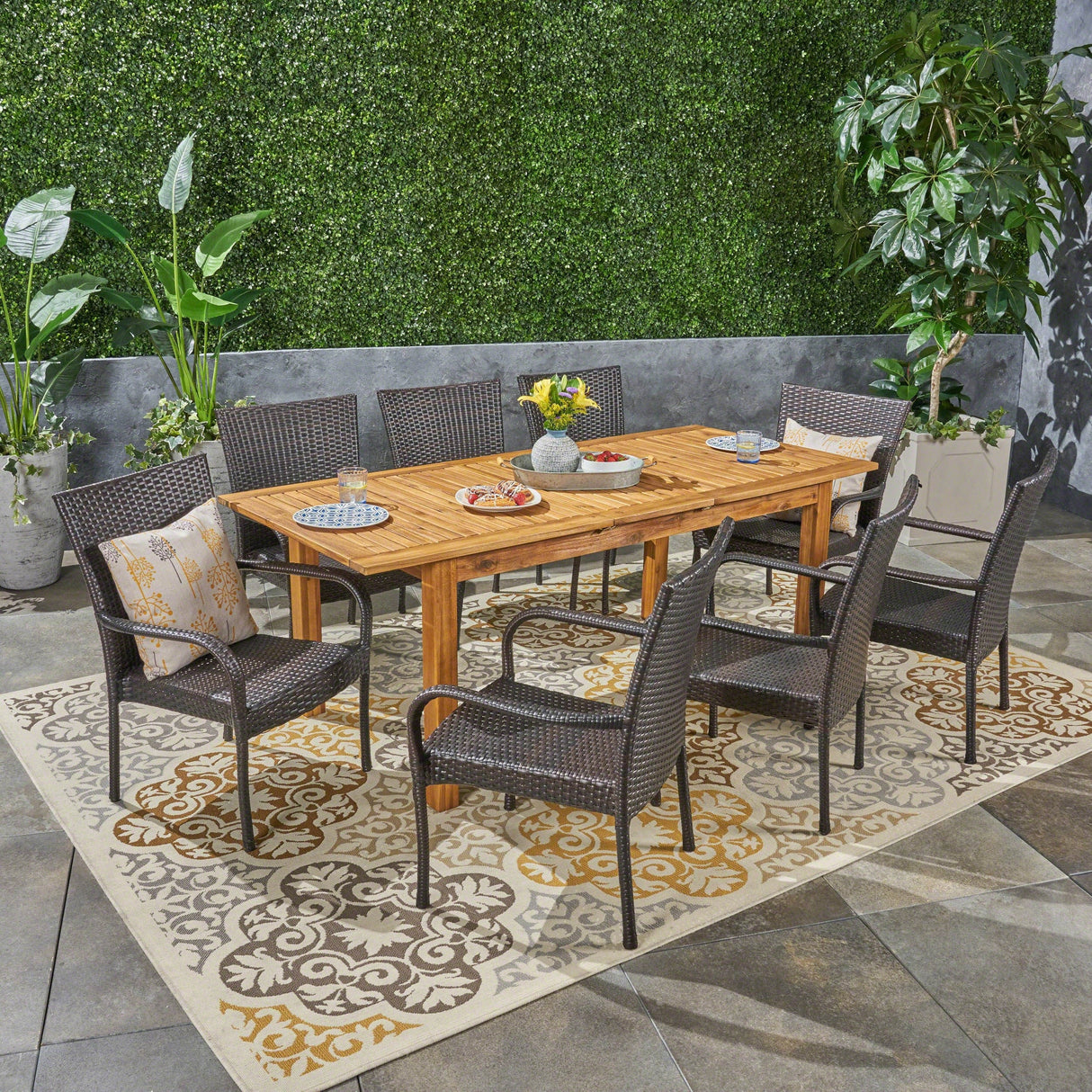 Hayes Outdoor 9 Piece Wood and Wicker Expandable Dining Set by Christopher Knight Home