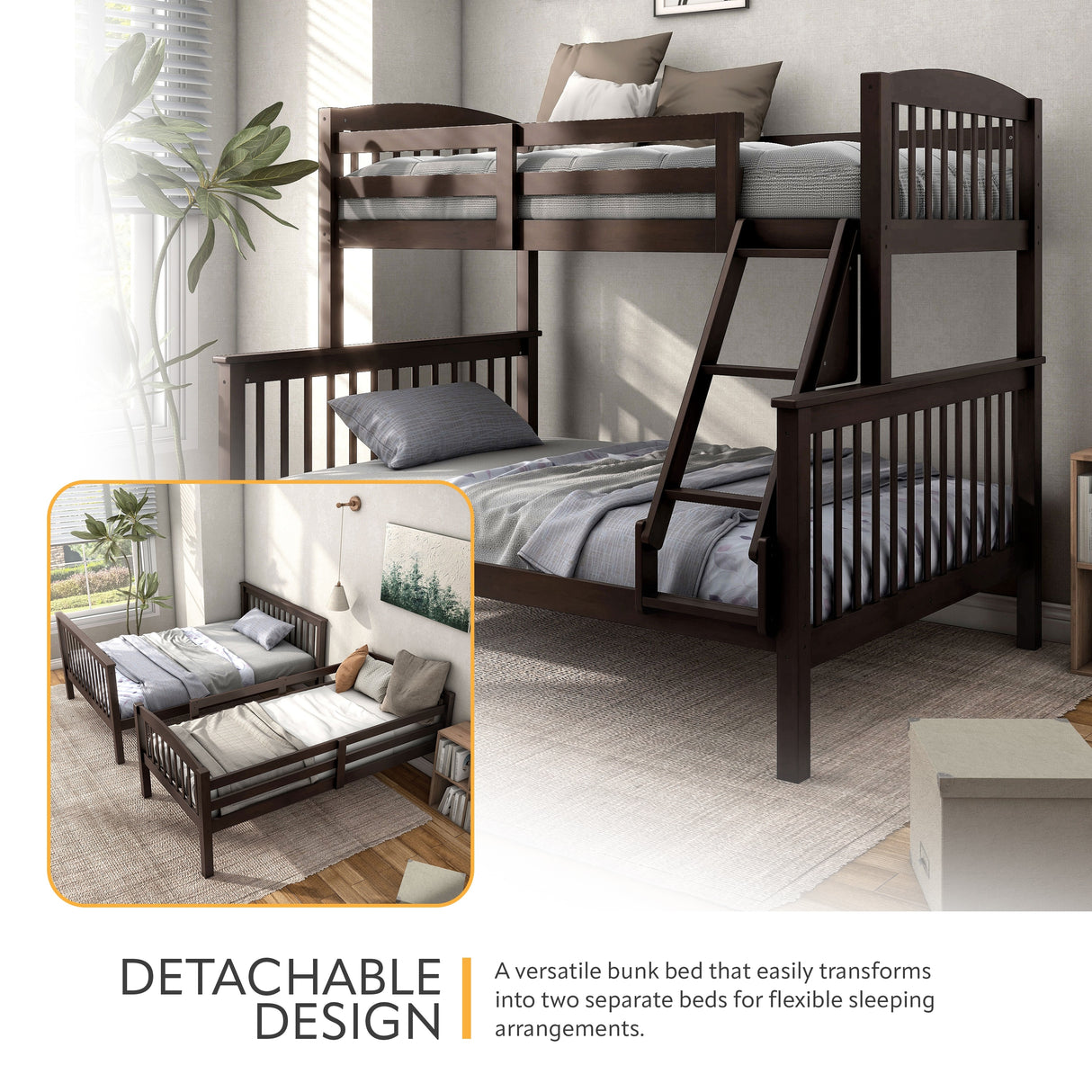 Furniture of America Hayes Twin over Full Solid Wood Detachable Bunk Bed with Ladder