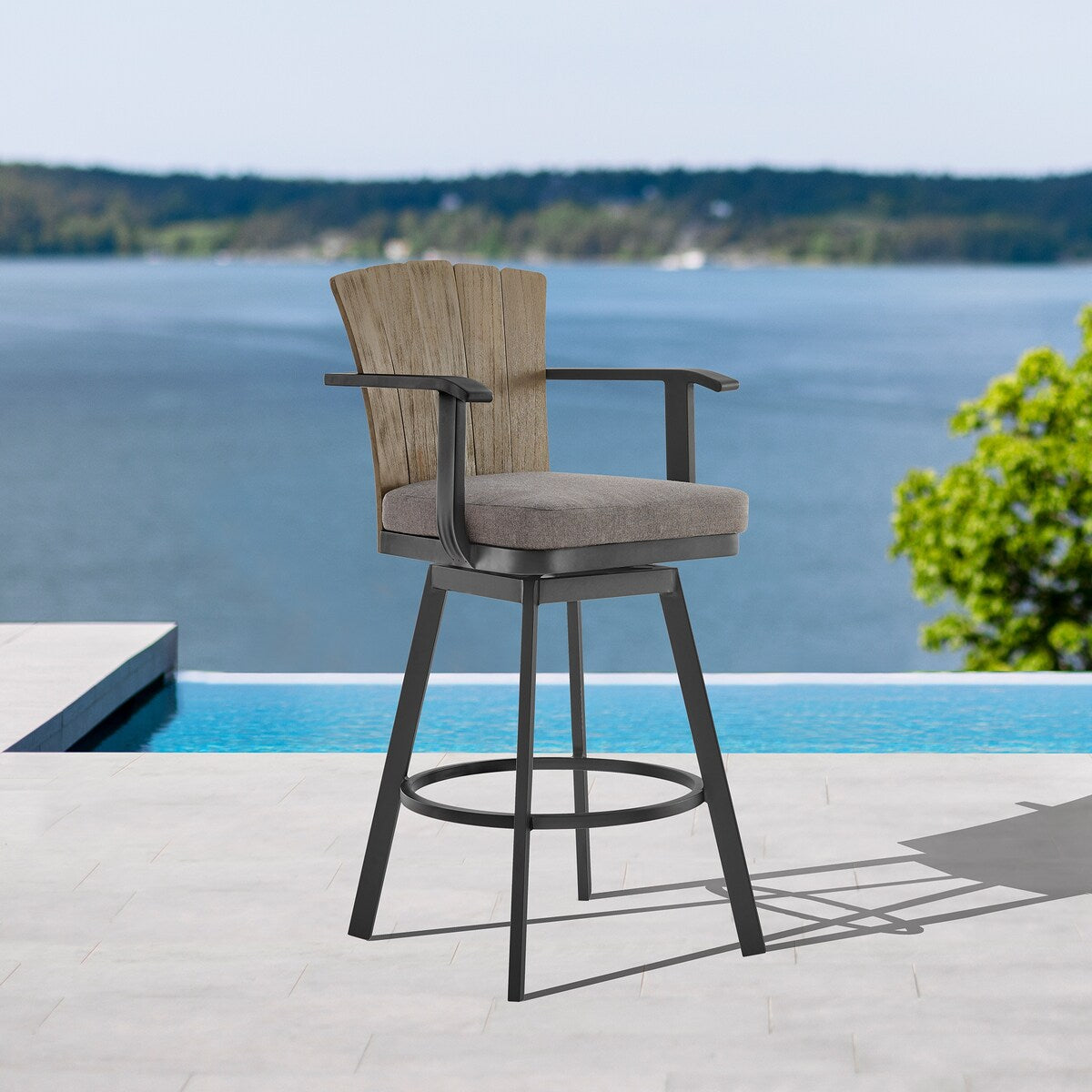 Hazel Solid Teak Wood and Metal Outdoor Patio Bar Height Swivel Adirondack Chair Bar Stool