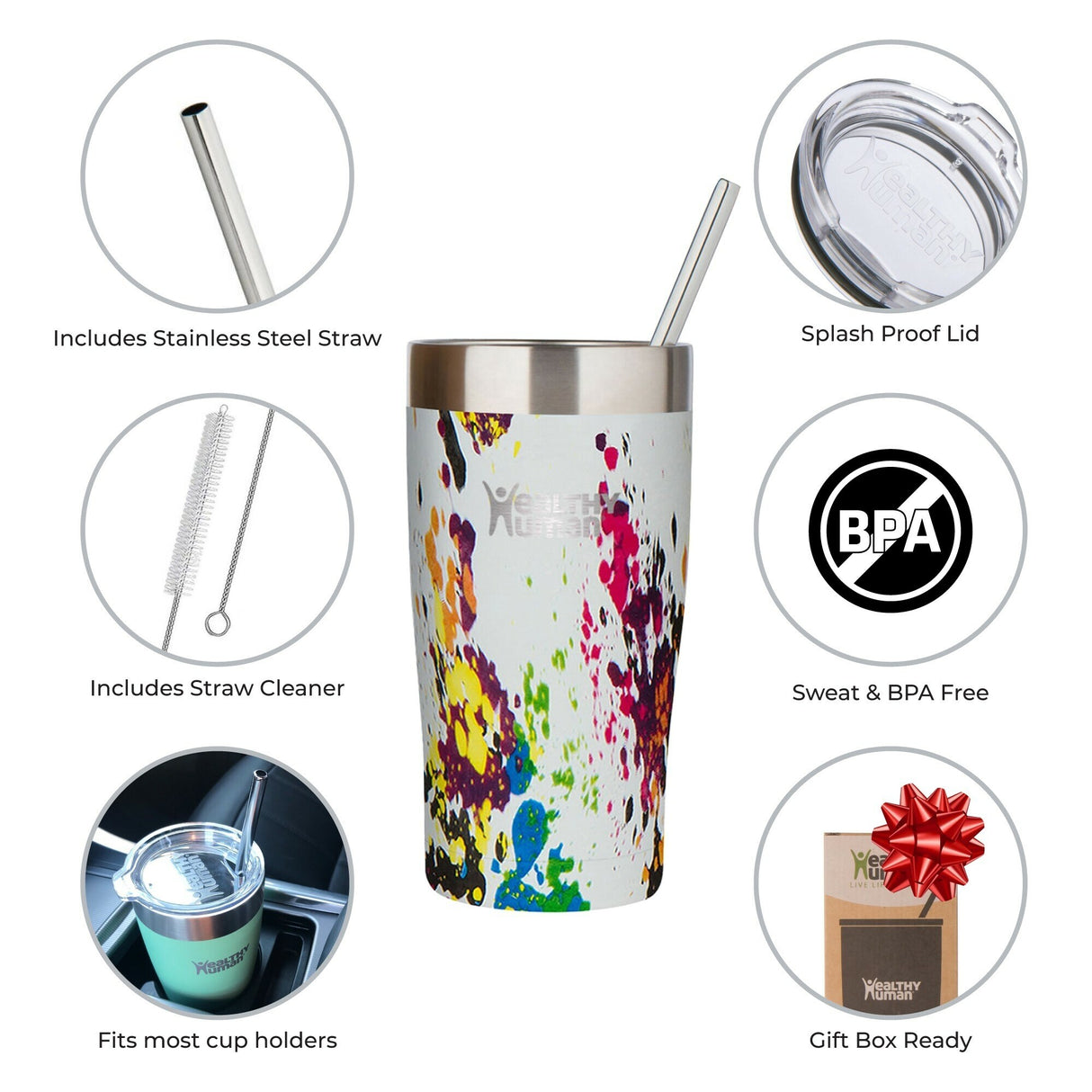 Healthy Human Stainless Steel Tumbler with Straw & Lid (20oz, Art Deco)