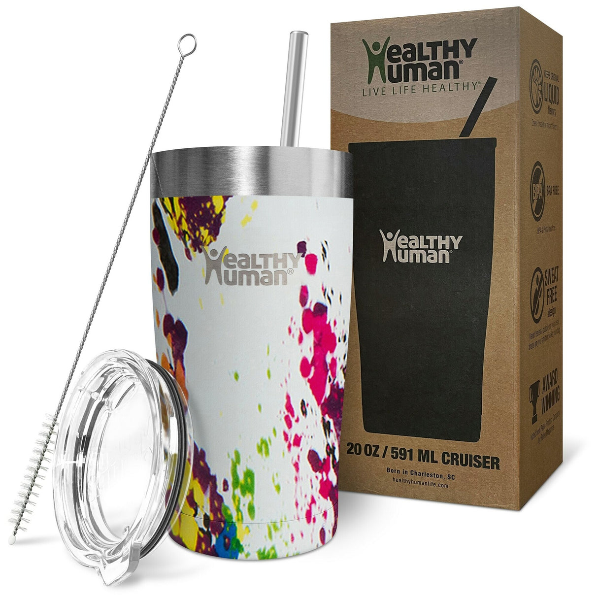 Healthy Human Stainless Steel Tumbler with Straw & Lid (20oz, Art Deco)