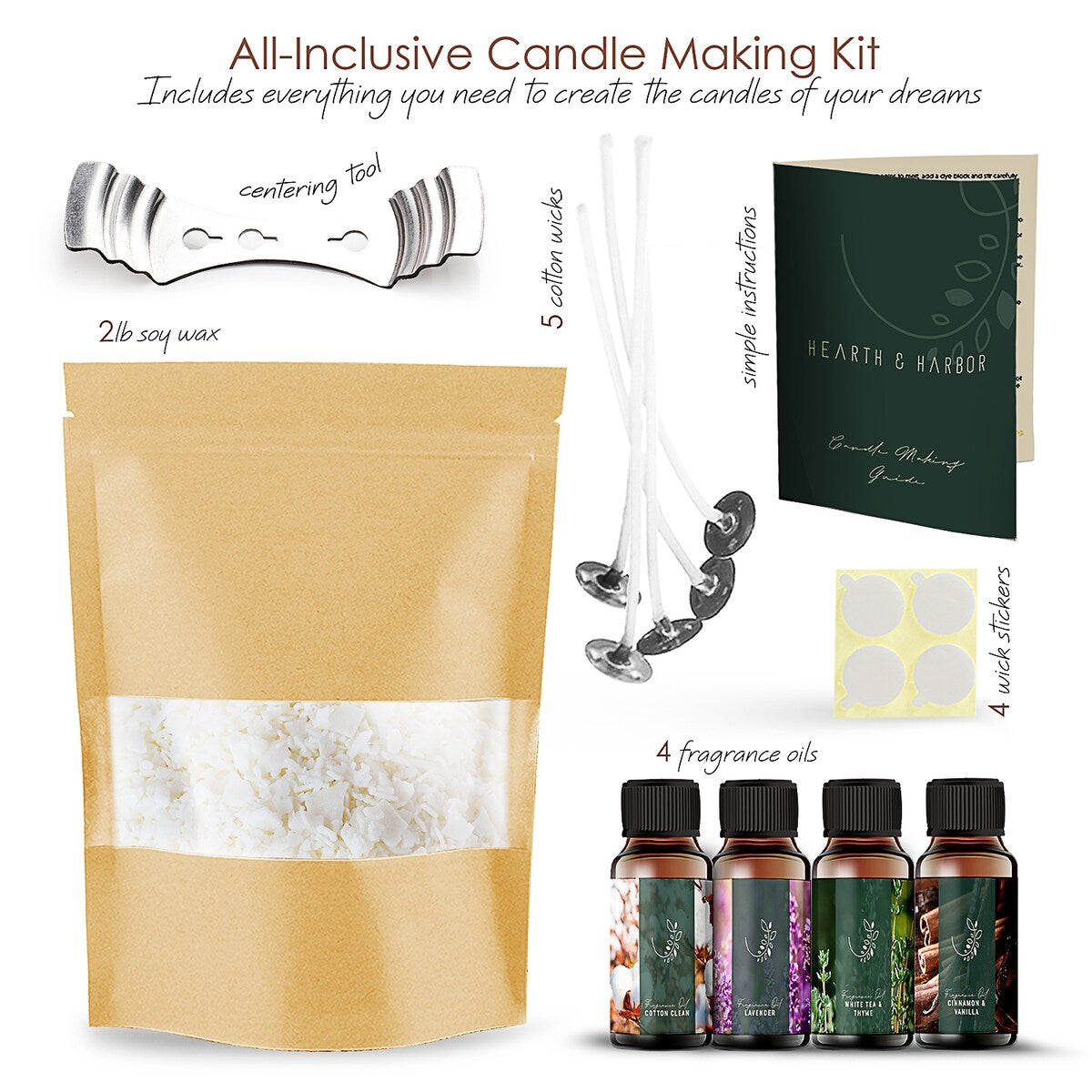 Hearth & Harbor Mini DIY Candle Making Supply Kit - 2lbs Soy Wax, Fragrance Oil, Cotton Wicks, Centering Tool, and Glue Stickers