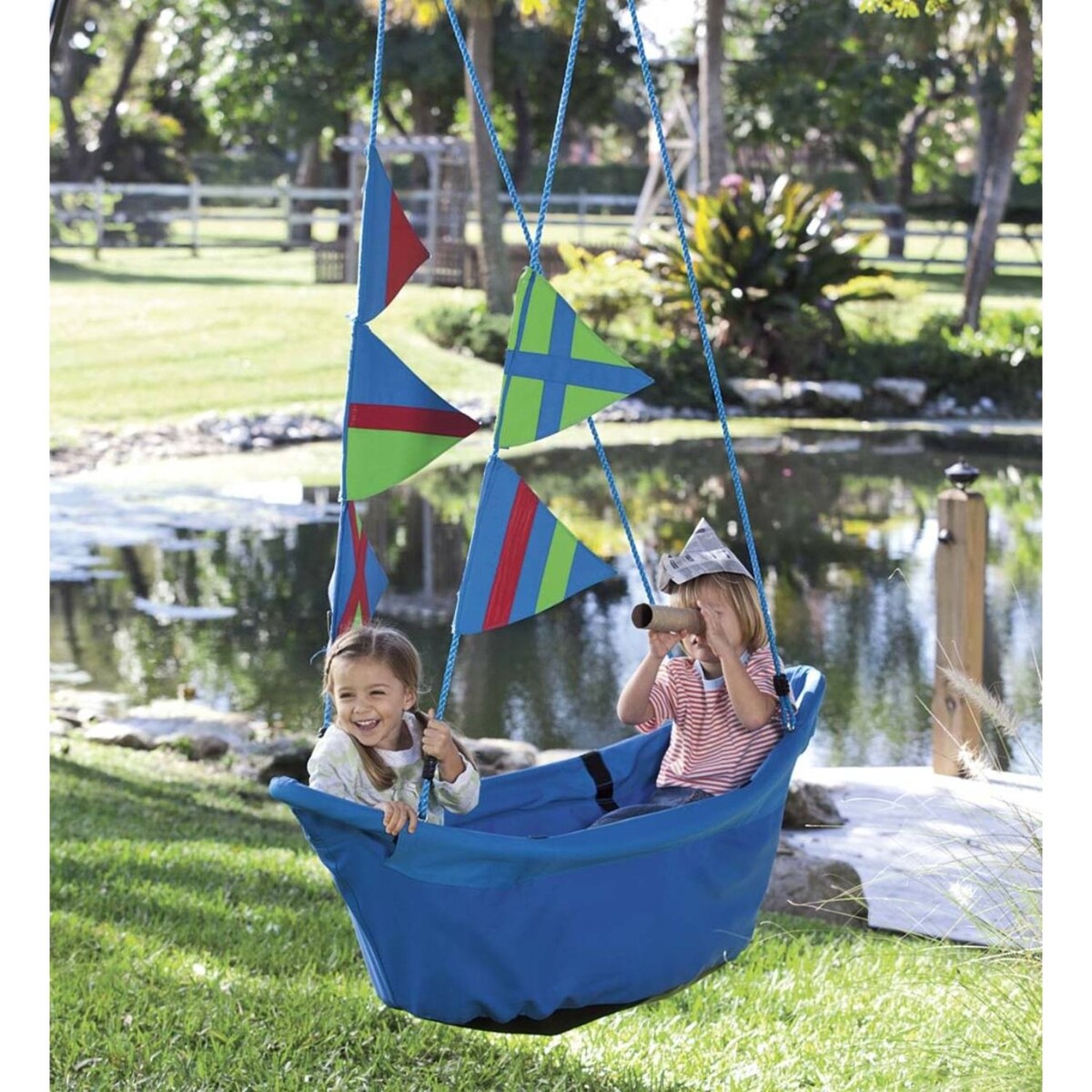 HearthSong 47-in. Heavy-Duty Canvas Regatta Boat Swing w/ Colorful Flags - Blue - One-Size
