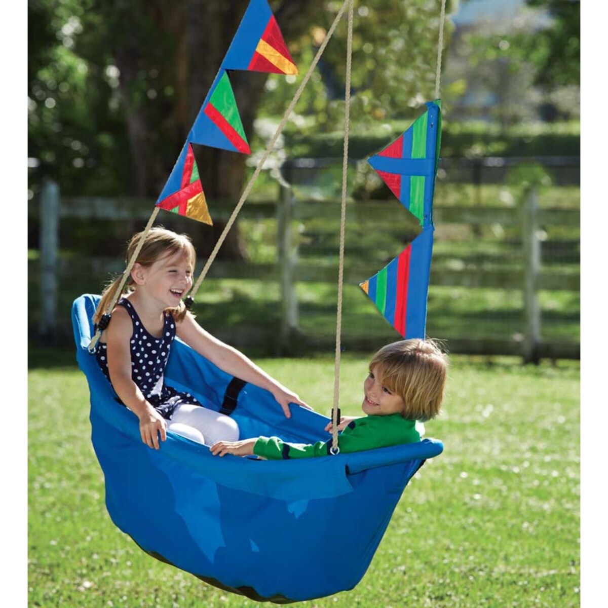 HearthSong 47-in. Heavy-Duty Canvas Regatta Boat Swing w/ Colorful Flags - Blue - One-Size