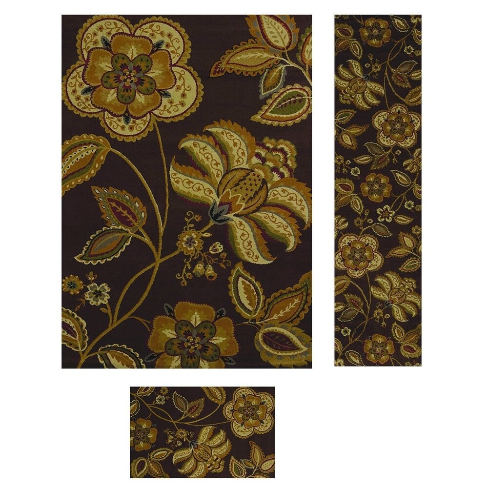 Heatset Collection Flower Power Brown 3-piece Rug Set