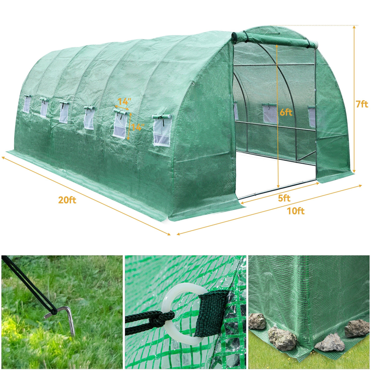 Heavy Duty 20'x10'x7' Greenhouses Large Walk-in Green House Tunnel - 10 X 20