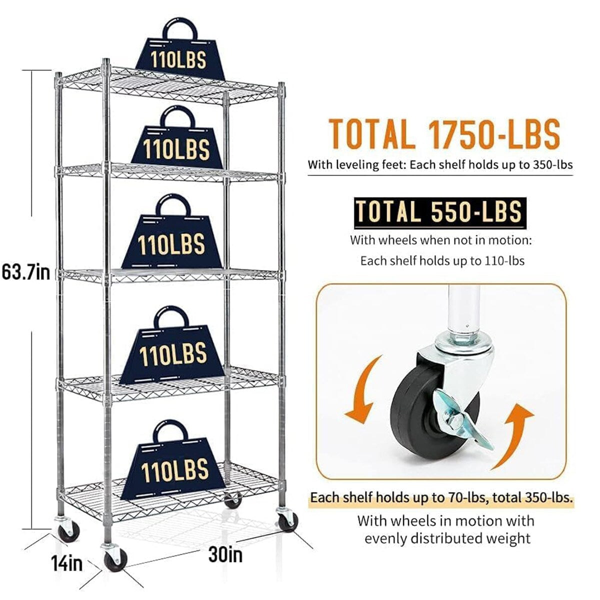 Heavy-Duty 4/5-Tier Carbon Steel Shelving 350lbs/Shelf