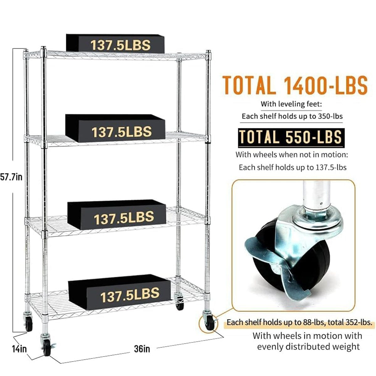 Heavy-Duty 4/5-Tier Carbon Steel Shelving 350lbs/Shelf