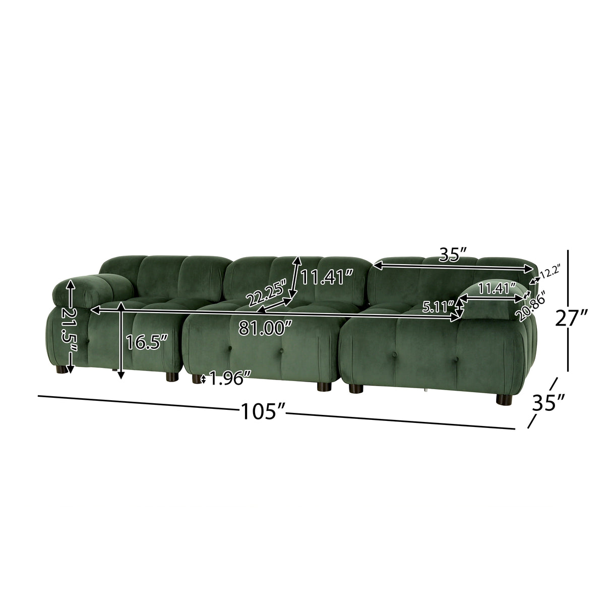 Hennepin Velvet 3 Seater Modular Tufted Sofa by Christopher Knight Home