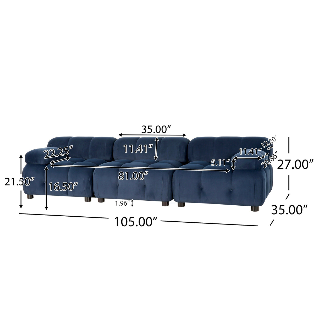 Hennepin Velvet 3 Seater Modular Tufted Sofa by Christopher Knight Home