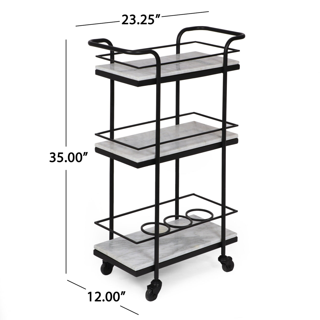 Henri Modern Glam 3 Tier Bar Cart with Marble Shelving by Christopher Knight Home - 23.25" L x 12.00" W x 35.00" H