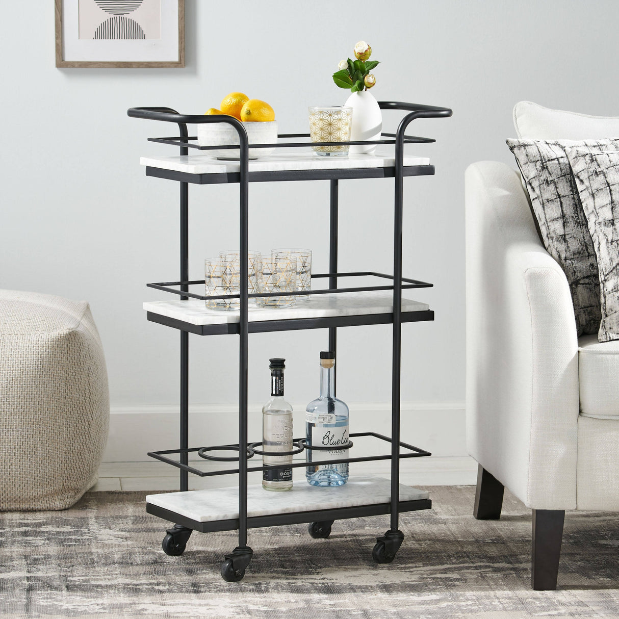 Henri Modern Glam 3 Tier Bar Cart with Marble Shelving by Christopher Knight Home - 23.25" L x 12.00" W x 35.00" H