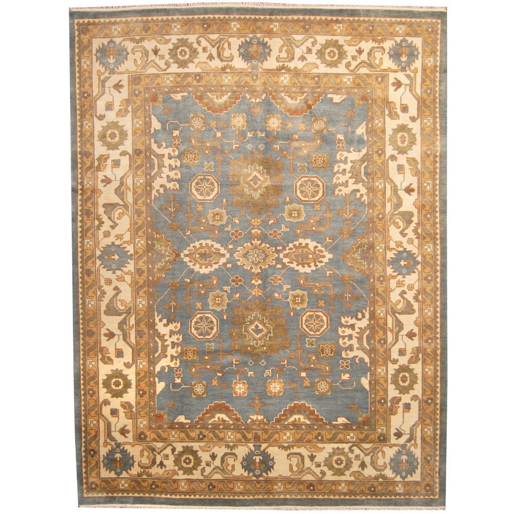 Herat Oriental Indo Hand-knotted Vegetable Dye Oushak Blue/ Ivory Wool Rug (9'1 x 12'1) - 9'1 x 12'1