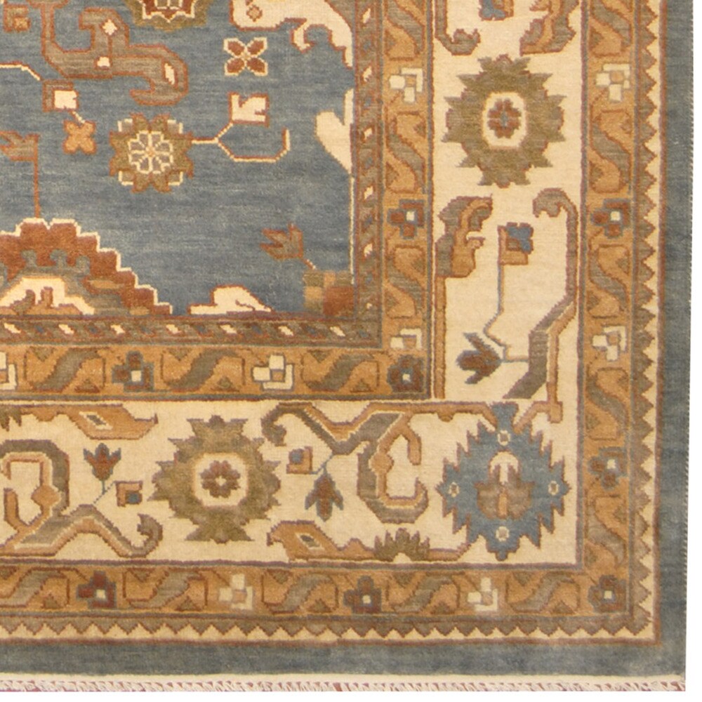 Herat Oriental Indo Hand-knotted Vegetable Dye Oushak Blue/ Ivory Wool Rug (9'1 x 12'1) - 9'1 x 12'1