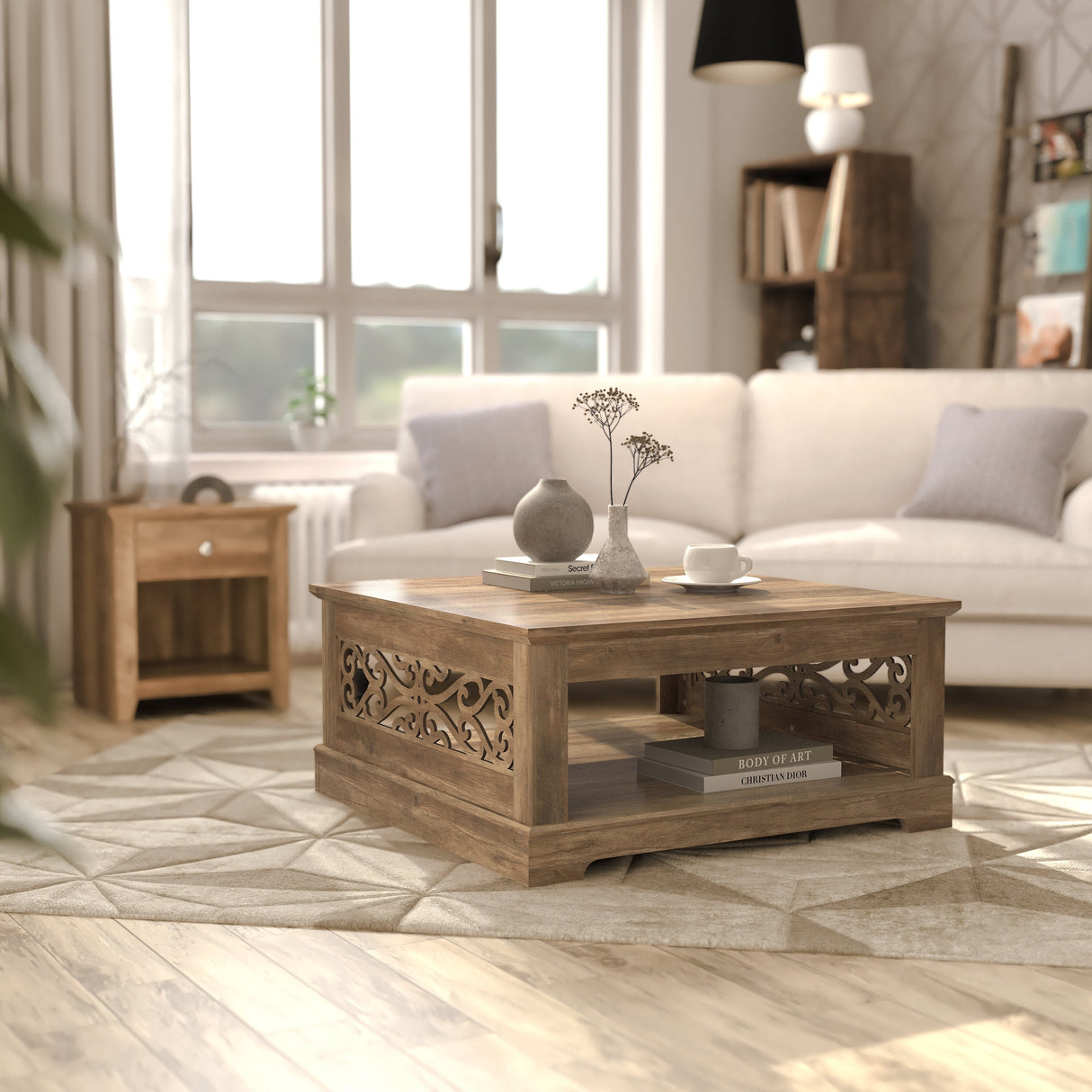 GALANO Heron Mission 34.8 in. Knotty Oak Wood Top Square Coffee Table