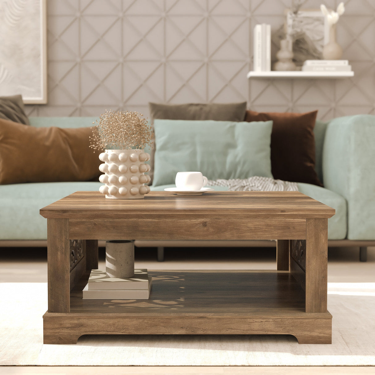 GALANO Heron Mission 34.8 in. Knotty Oak Wood Top Square Coffee Table